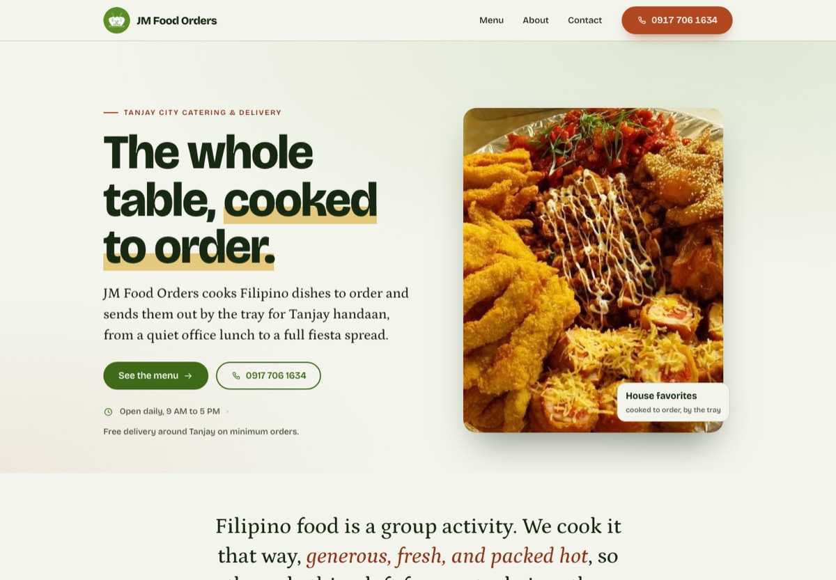 Home page of a website built for a party food and catering business in Tanjay City