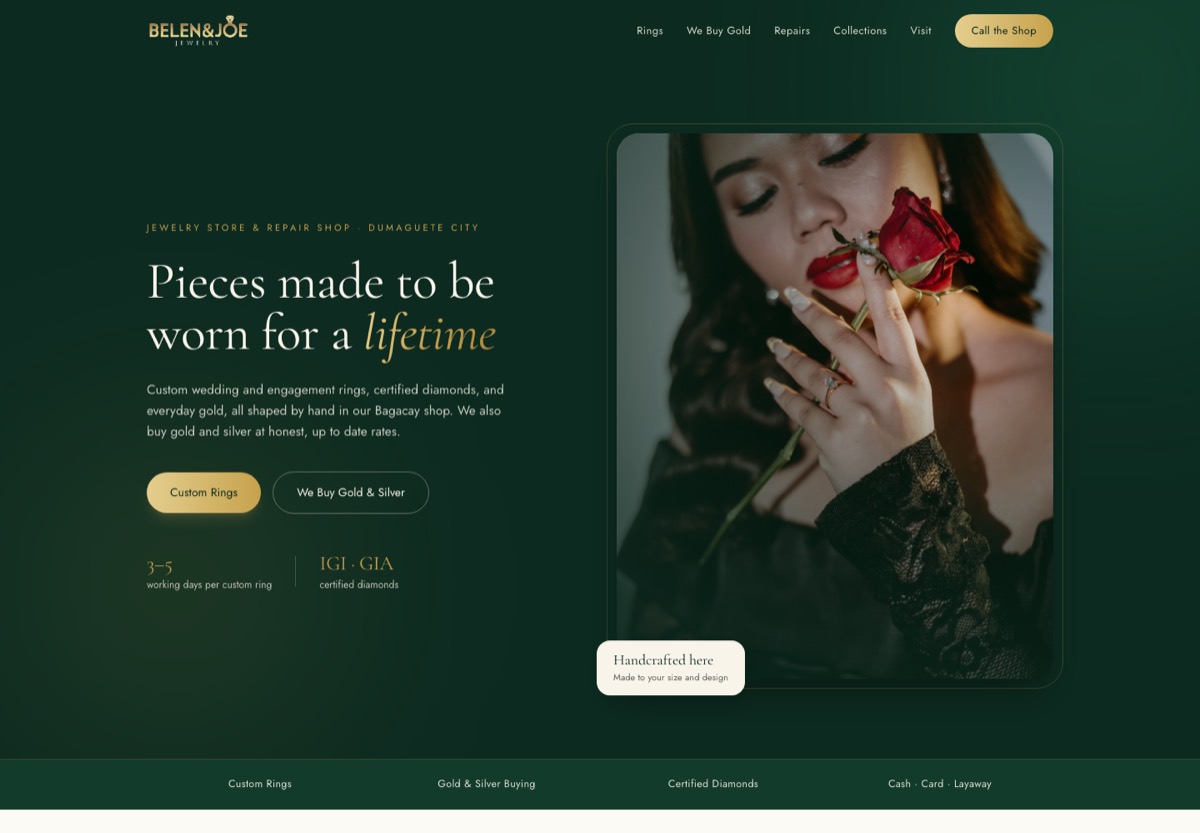 Home page of a website built for a jewellery store and repair shop in Dumaguete City