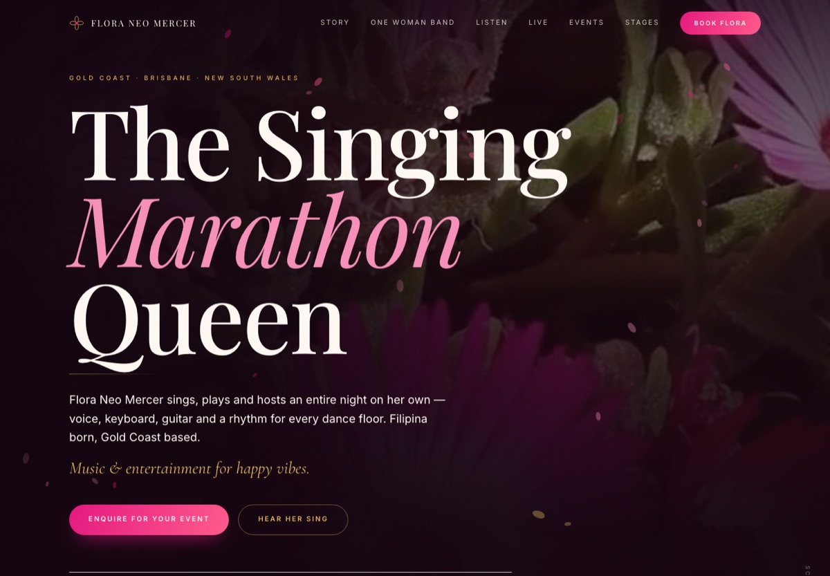 Home page of a website built for a singer and event performer on the Gold Coast, Australia