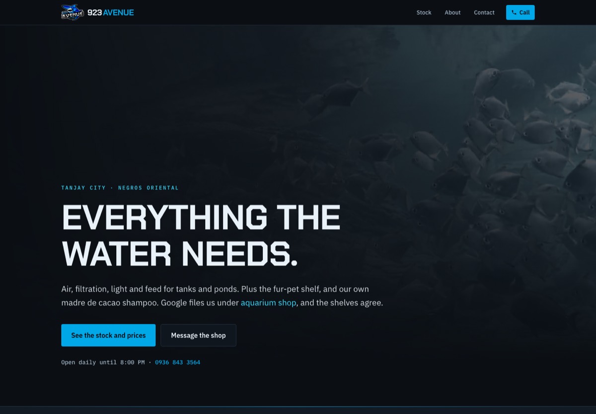 Home page of a website built for a pet and aquarium shop in Tanjay City