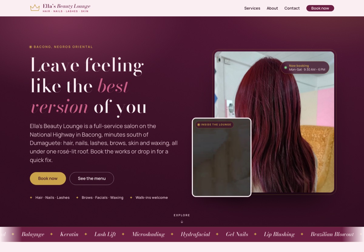 Home page of a website built for a hair and nails salon in Bacong